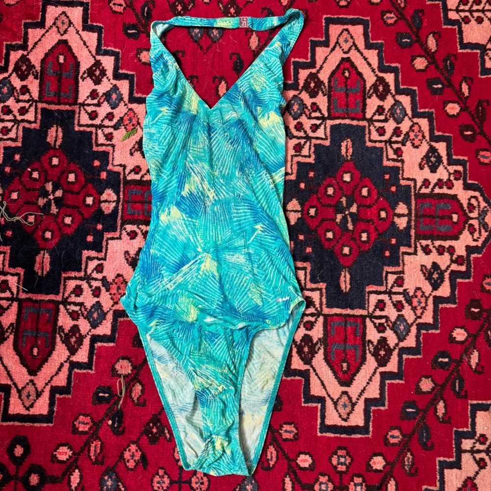 VTG 90's Neon Mesh Tropical Halter High Waist Bodysuit/One Piece Swim Size L